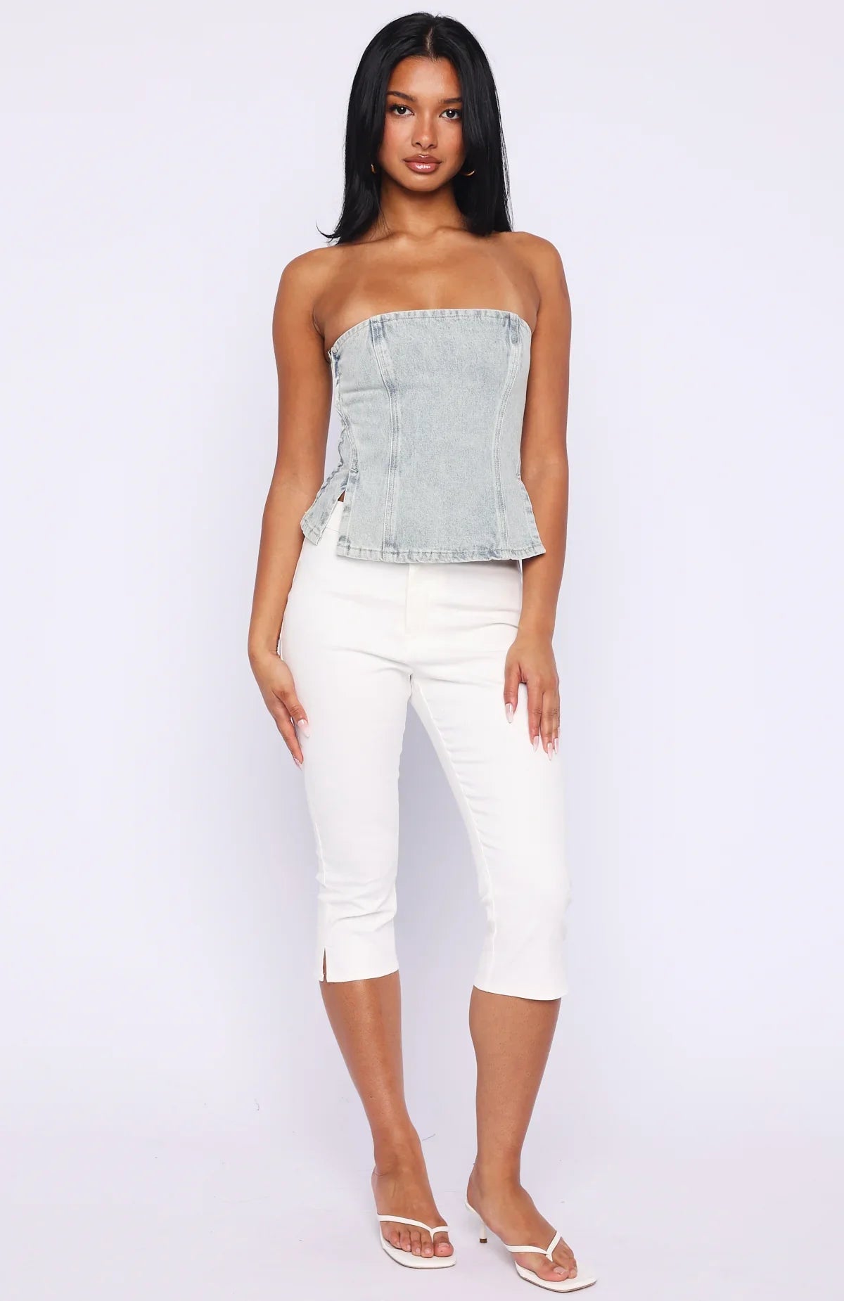 Not Listening Strapless Denim Top Light Blue