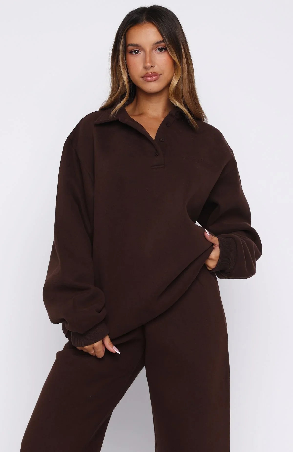 Chill Moves Oversized Henley Sweater Chocolate