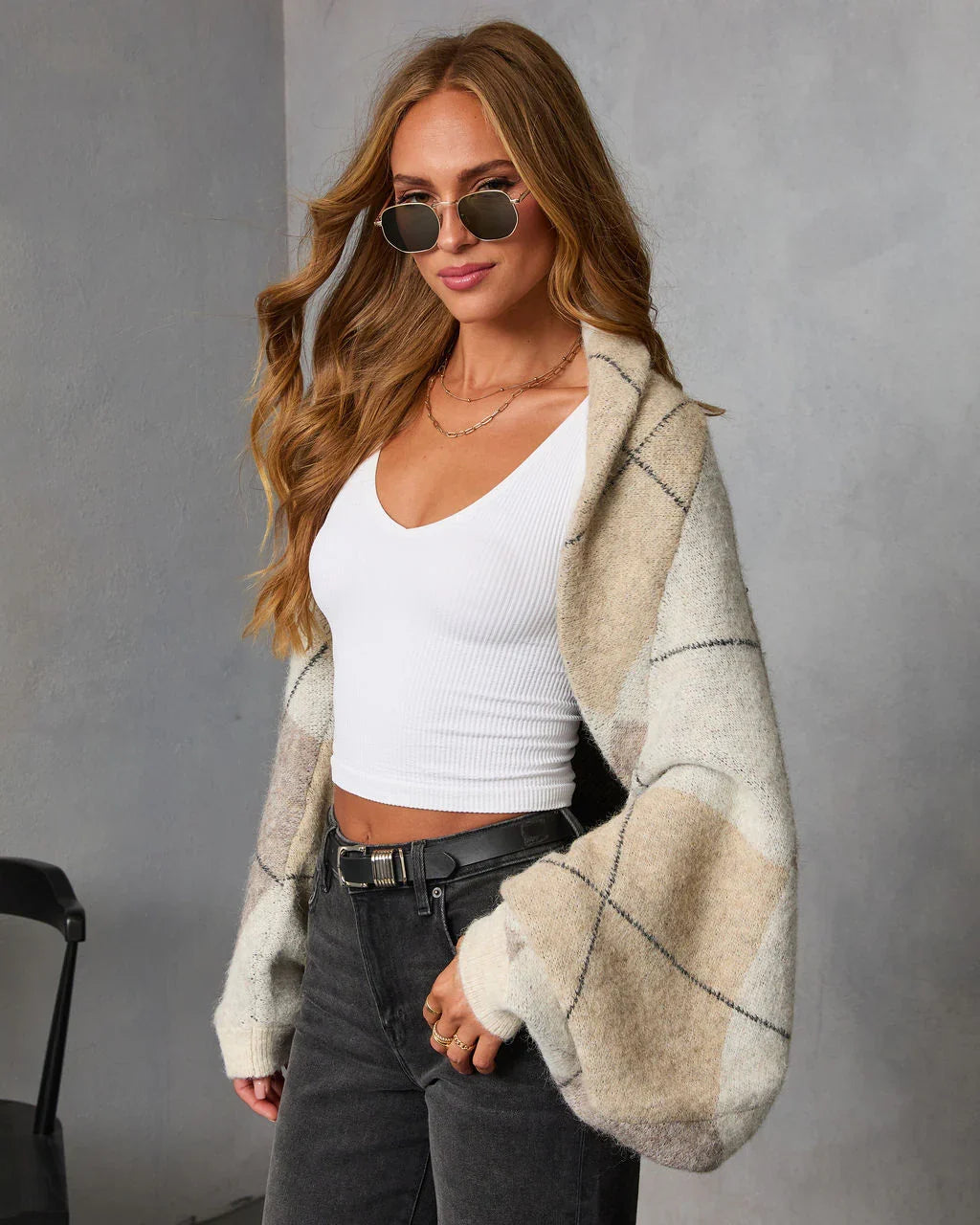 Marenne Cropped Argyle Print Cardigan