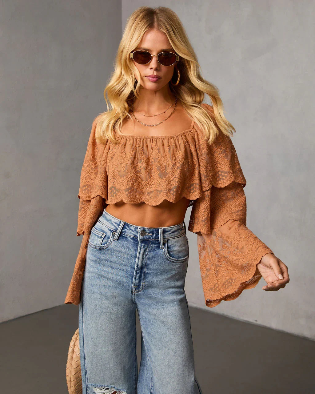 Cinnamon Trail Tiered Lace Crop Top