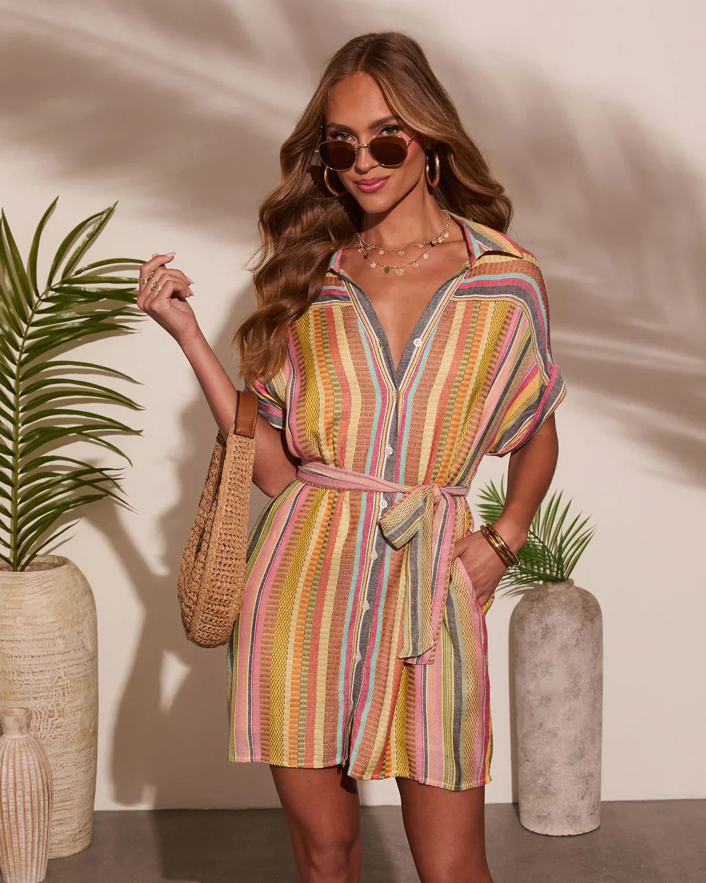 Sunshade Waist Tie Mini Shirt Dress