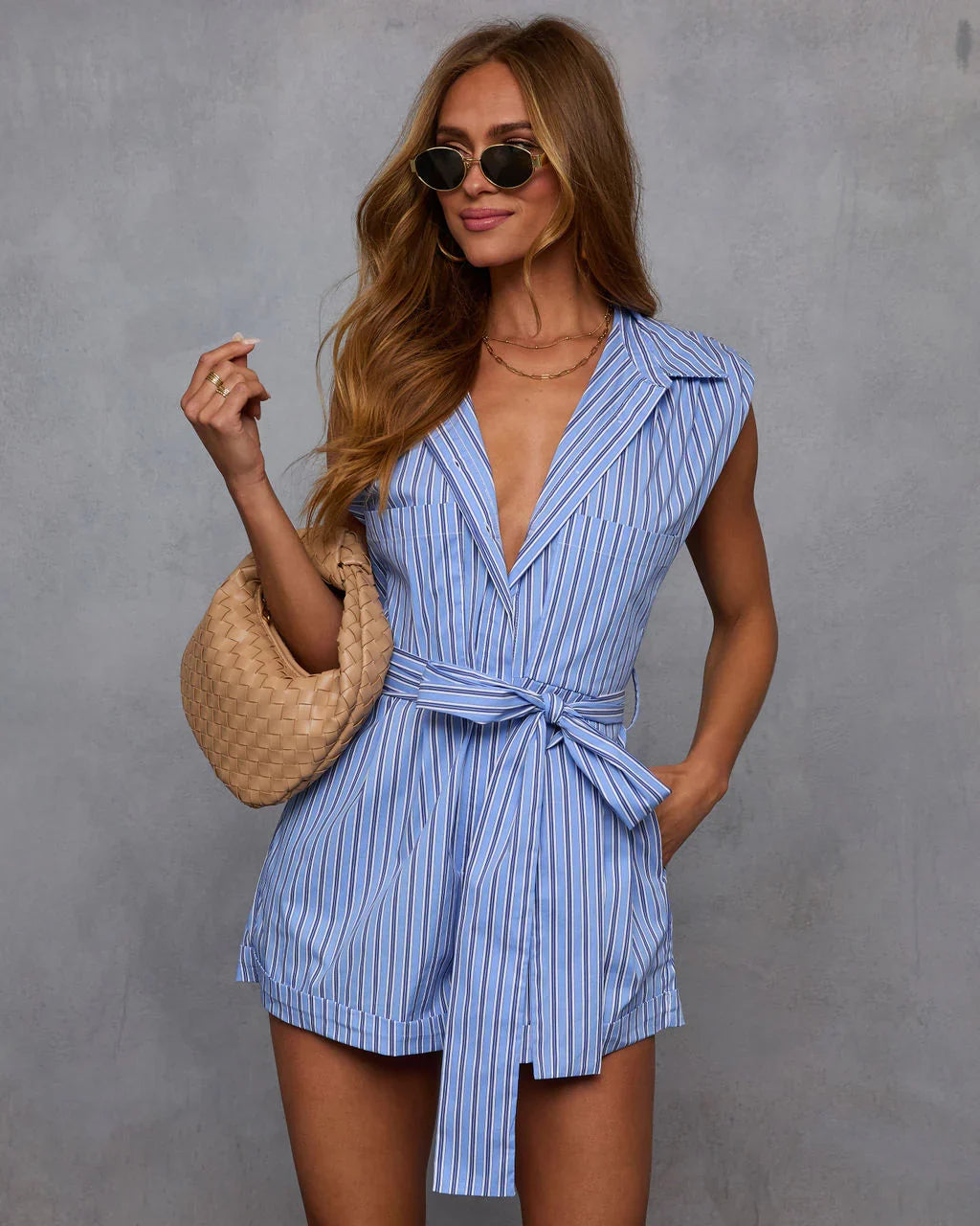Adeline Pinstripe Tie Waist Romper