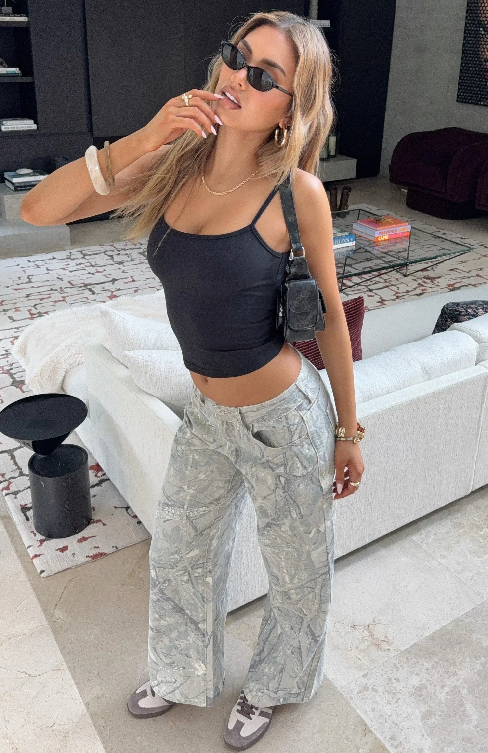 Maeve Low Rise Wide Leg Jeans Sand Camouflage