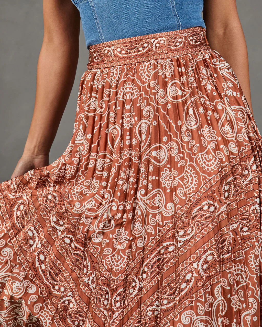 Whispered Valley Pleated Paisley Midi Skirt
