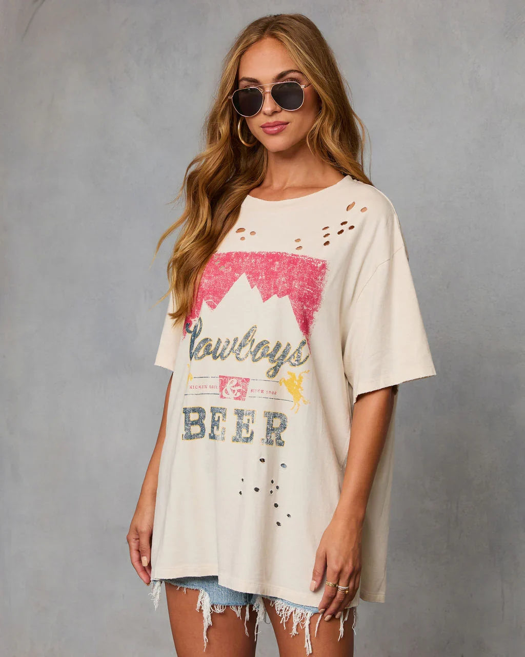 Cowboys and Beer Distressed Oversized Graphic Tee