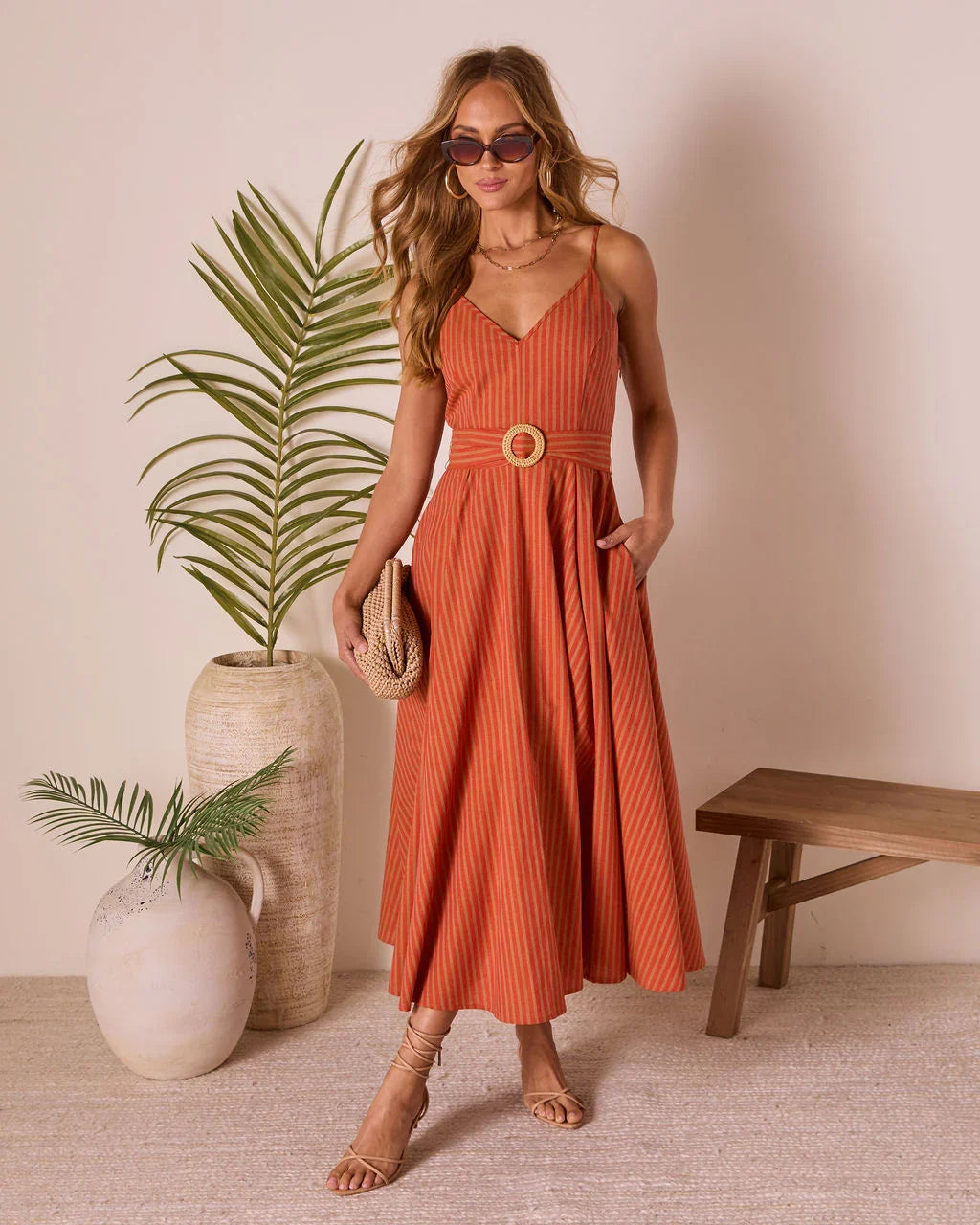 Bungalow Bliss Striped Belted Midi Dress