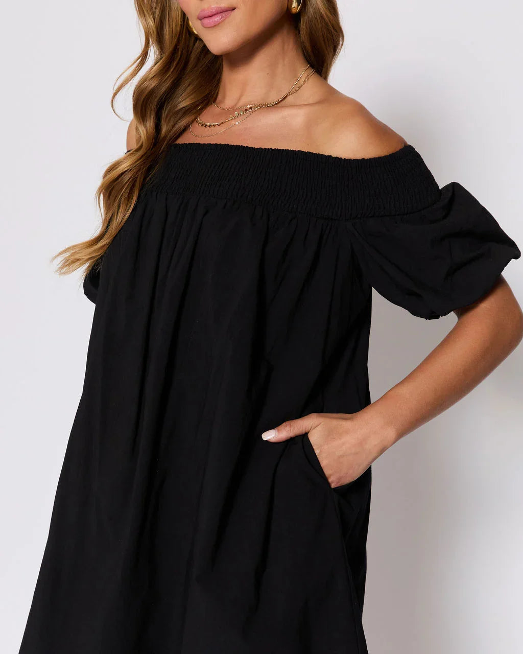 Lydia Cotton Smocked Off The Shoulder Mini Dress