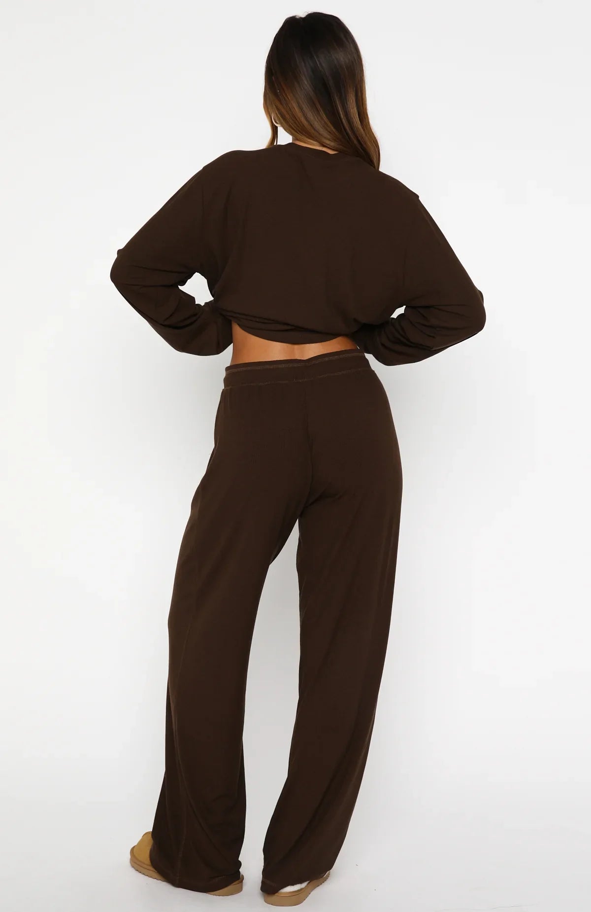 Come A Long Way Soft Lounge Ribbed Wide Leg Pants Chocolate