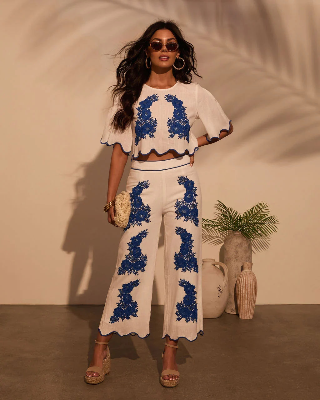 Ocean Drive Embroidered Cropped Linen Top
