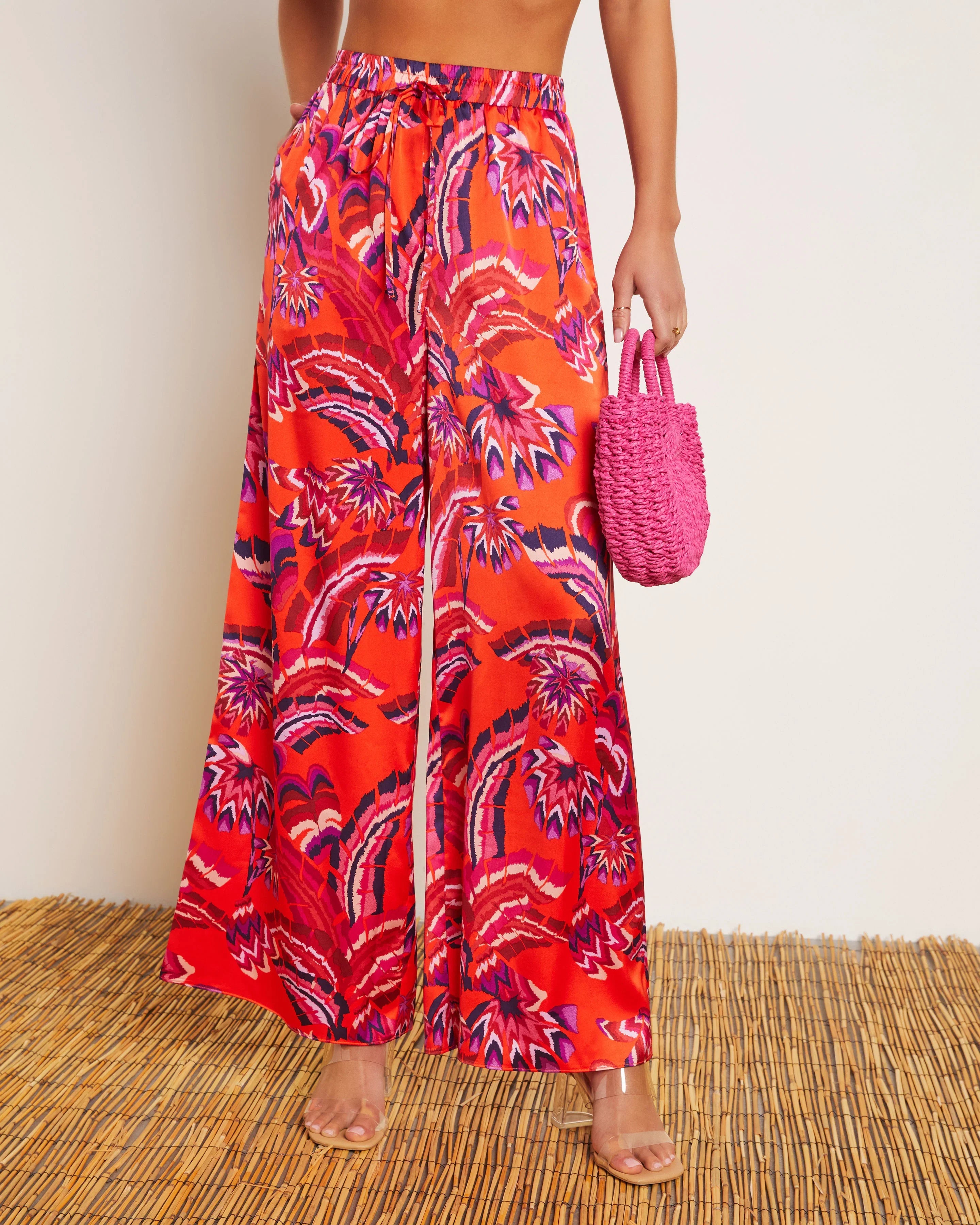 Azra Tropical Pocketed Wide Leg Drawstring Pant