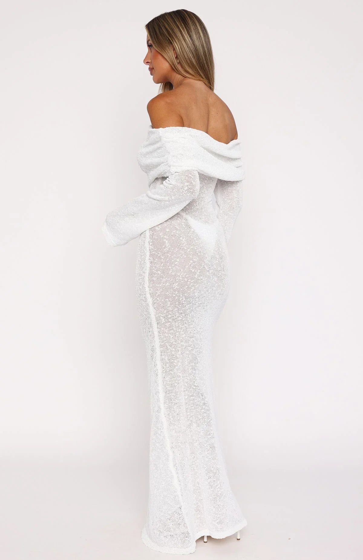 Made It Out Long Sleeve Boucle Maxi Dress White