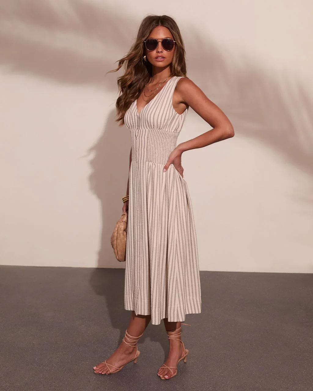 Alorah Striped Fit and Flare Midi Dress