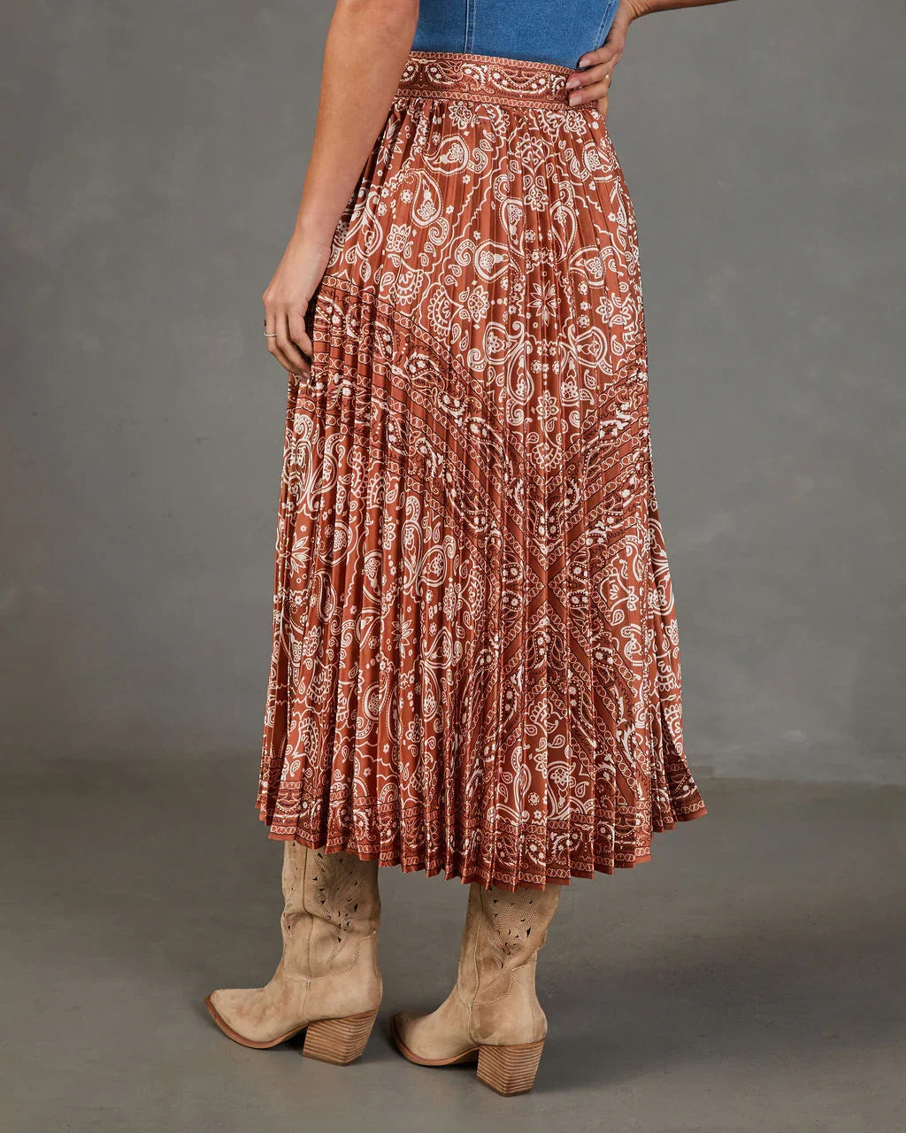 Whispered Valley Pleated Paisley Midi Skirt