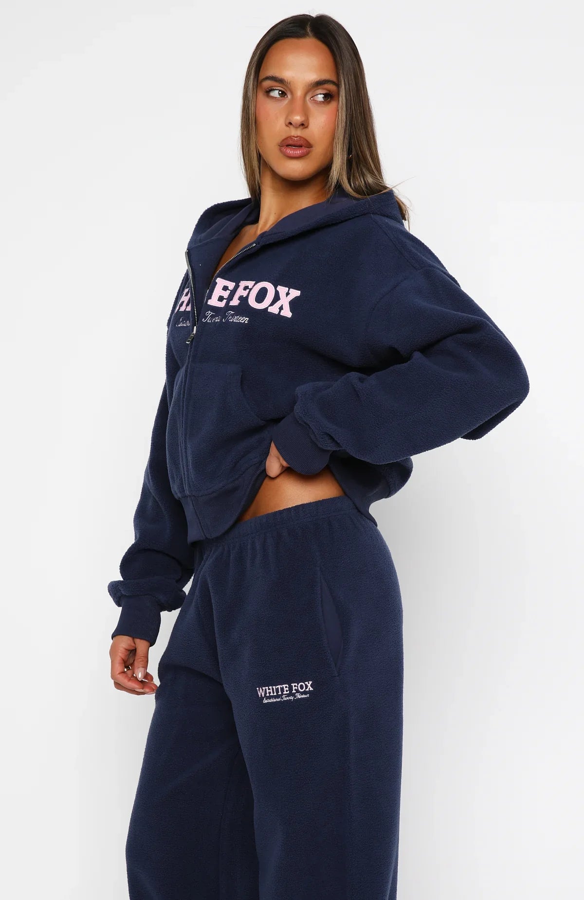 Just For Now Fleece Boxy Zip Front Hoodie Navy