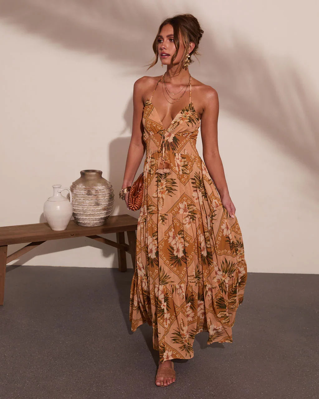 Mediterranean Muse Floral Halter Neck Maxi Dress
