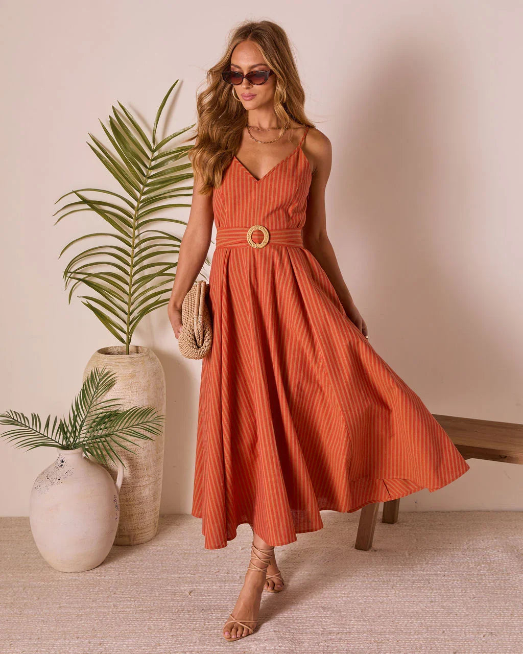 Bungalow Bliss Striped Belted Midi Dress