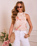 Nadya Floral Satin Mock Neck Tie Top