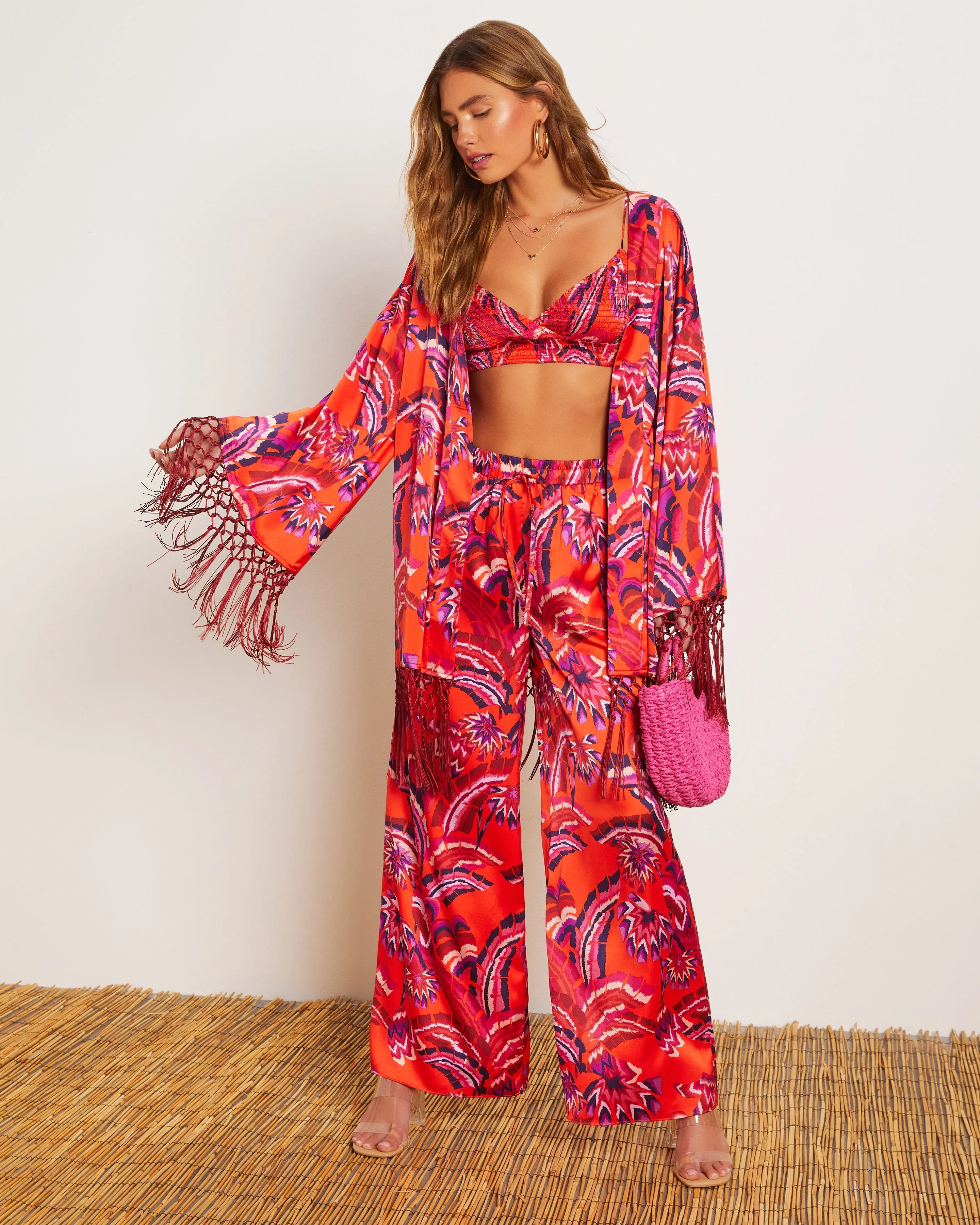 Azra Tropical Pocketed Wide Leg Drawstring Pant