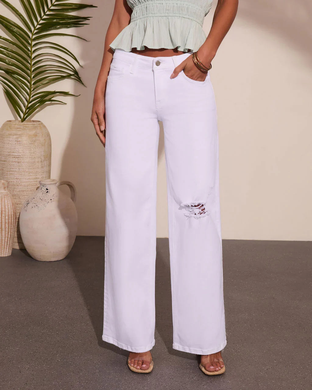 Lauraine Stretch Mid Rise Wide Leg Distressed Jeans