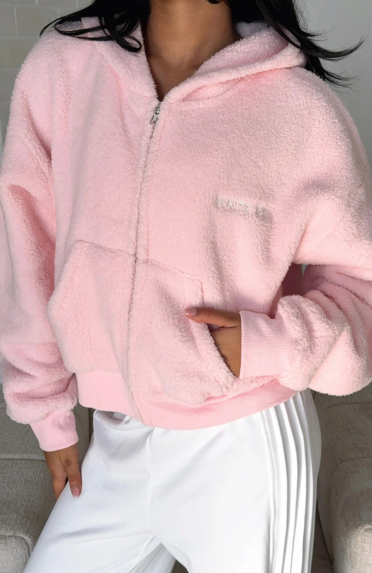 Always First Teddy Borg Boxy Zip Front Hoodie Pink
