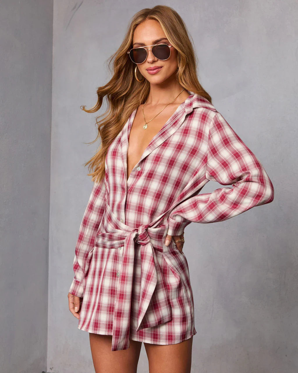Ashroot Plaid Wrap Tie Shirt Dress