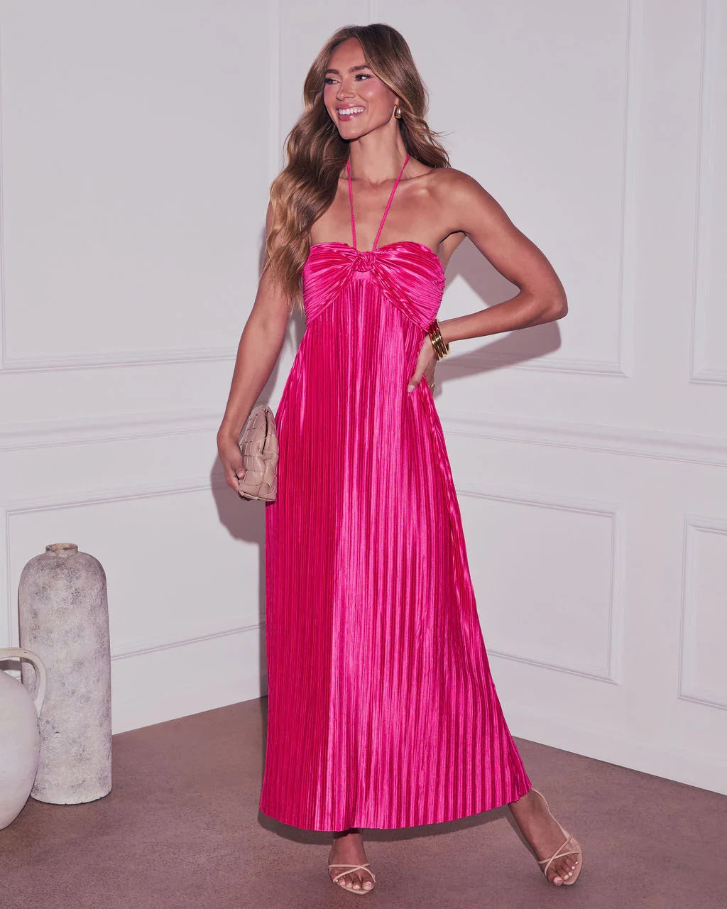Raise A Toast Satin Plisse Halter Maxi Dress