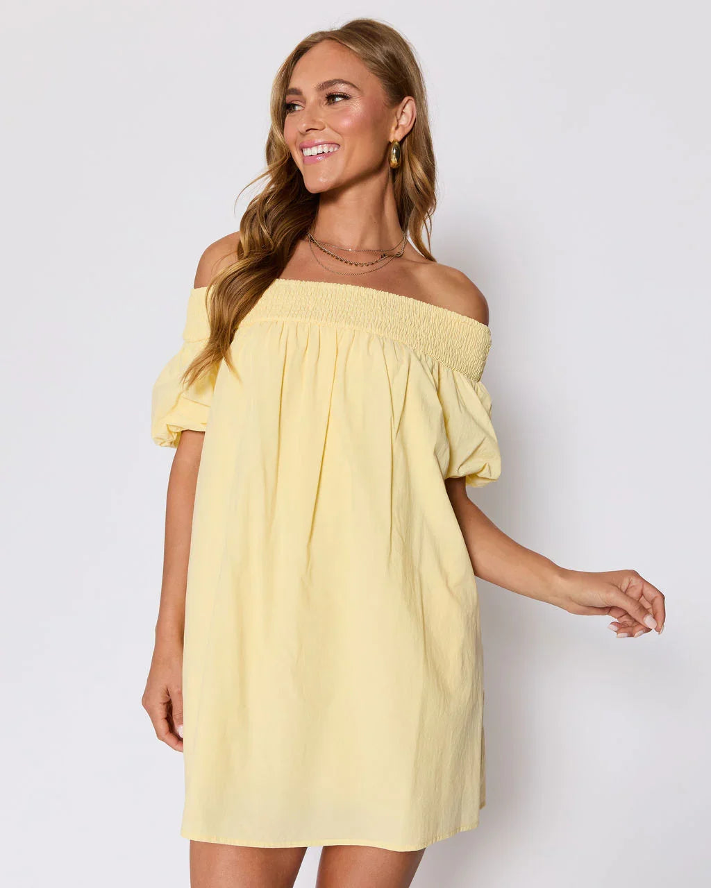 Lydia Cotton Smocked Off The Shoulder Mini Dress