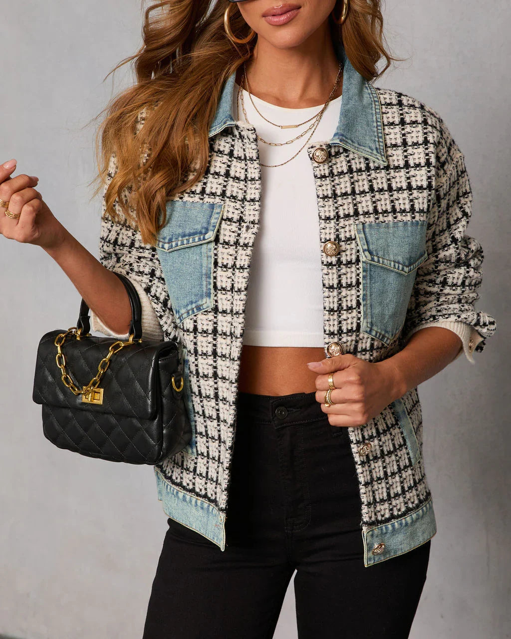 Cozy Together Tweed Denim Panel Button Up Coat