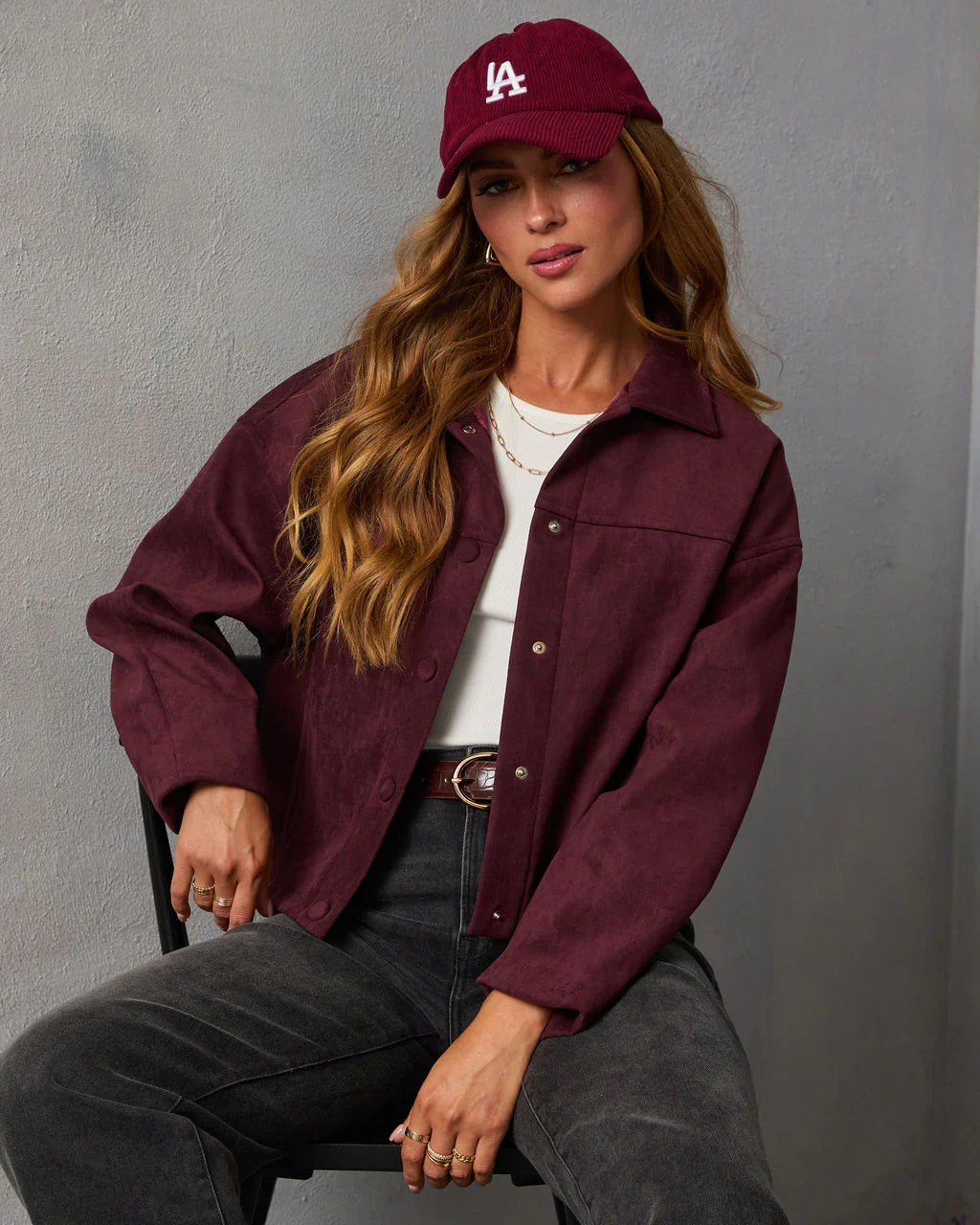 Plum Skies Suede Front Button Shirt Jacket