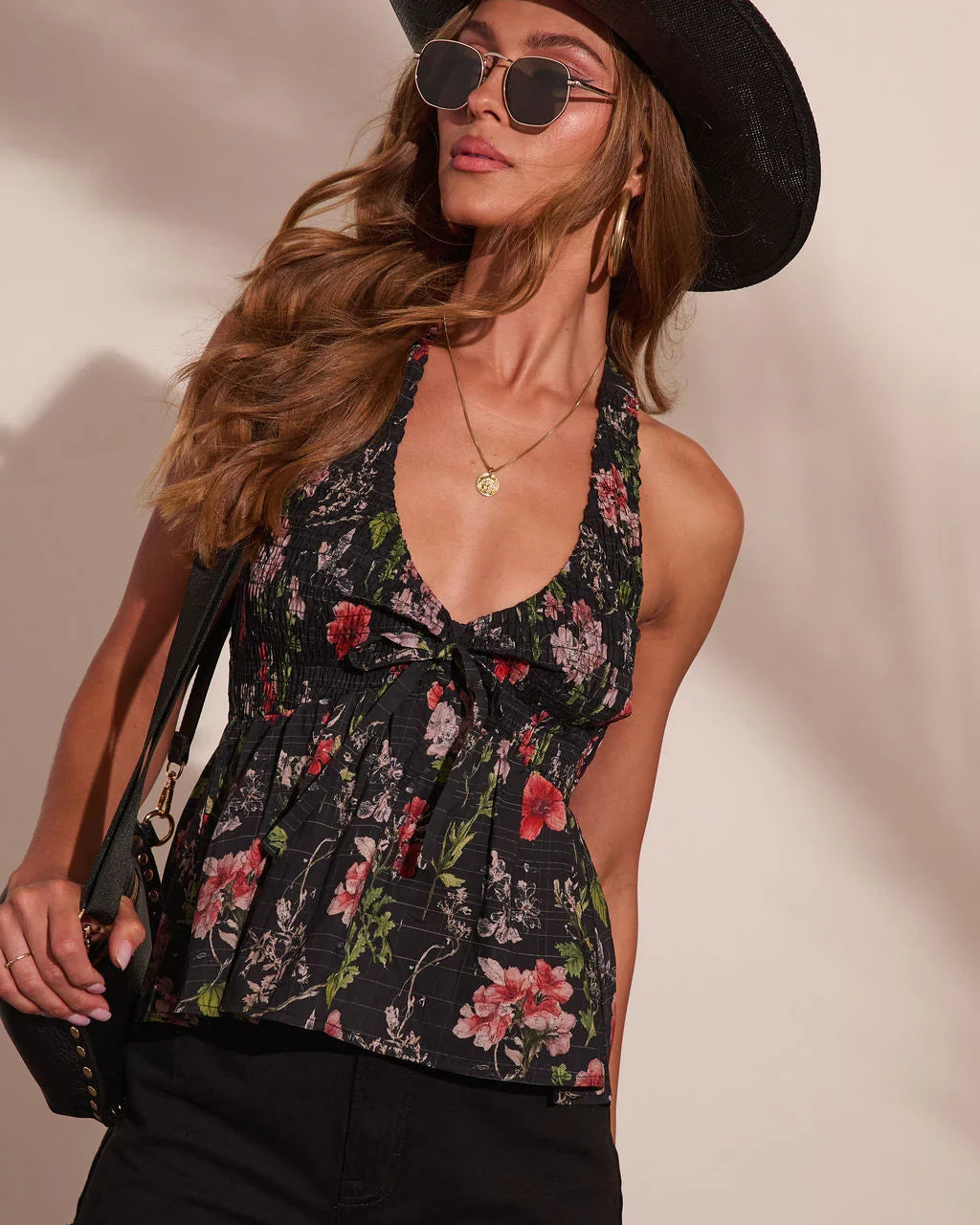 Mesa Moon Floral Halter Neck Peplum Top