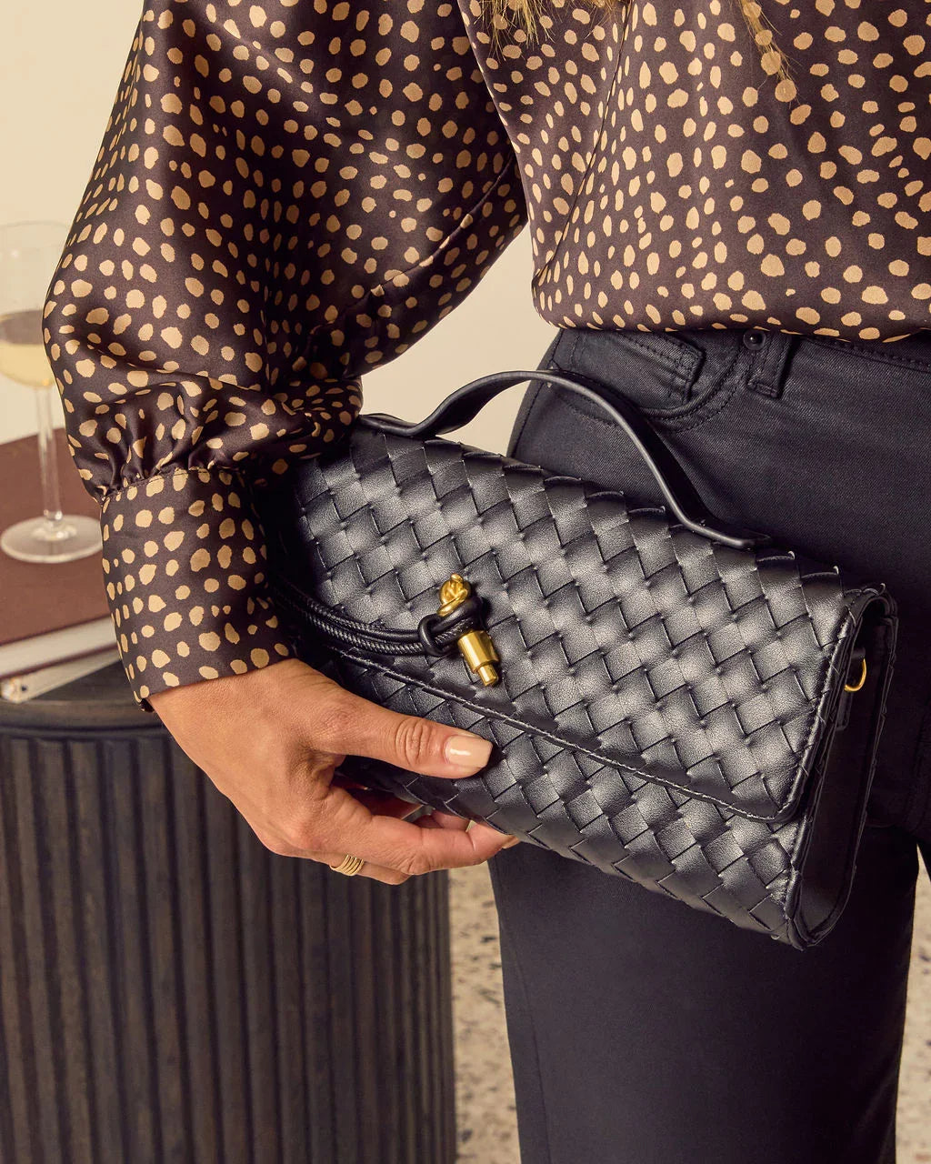 Porta Woven Leather Top Handle Clutch