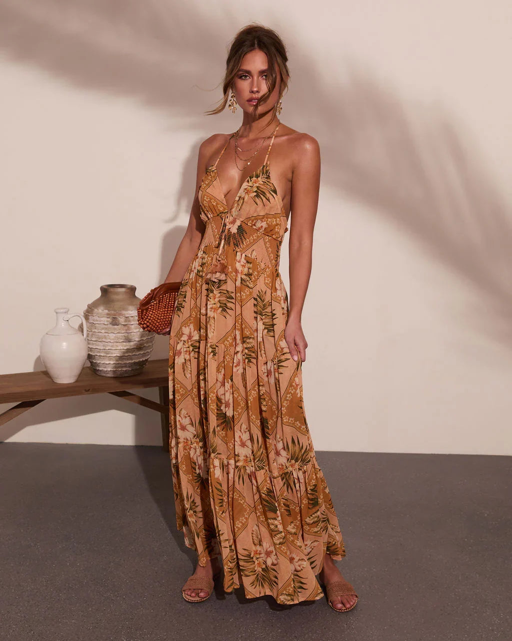 Mediterranean Muse Floral Halter Neck Maxi Dress