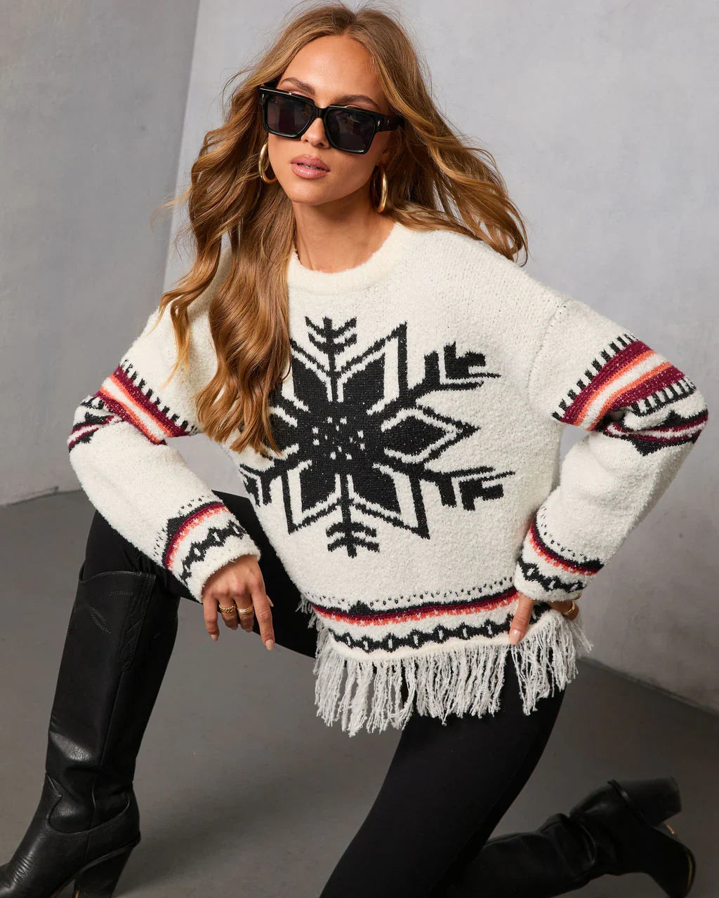 Dreval Fringe Snowflake Fair Isle Sweater