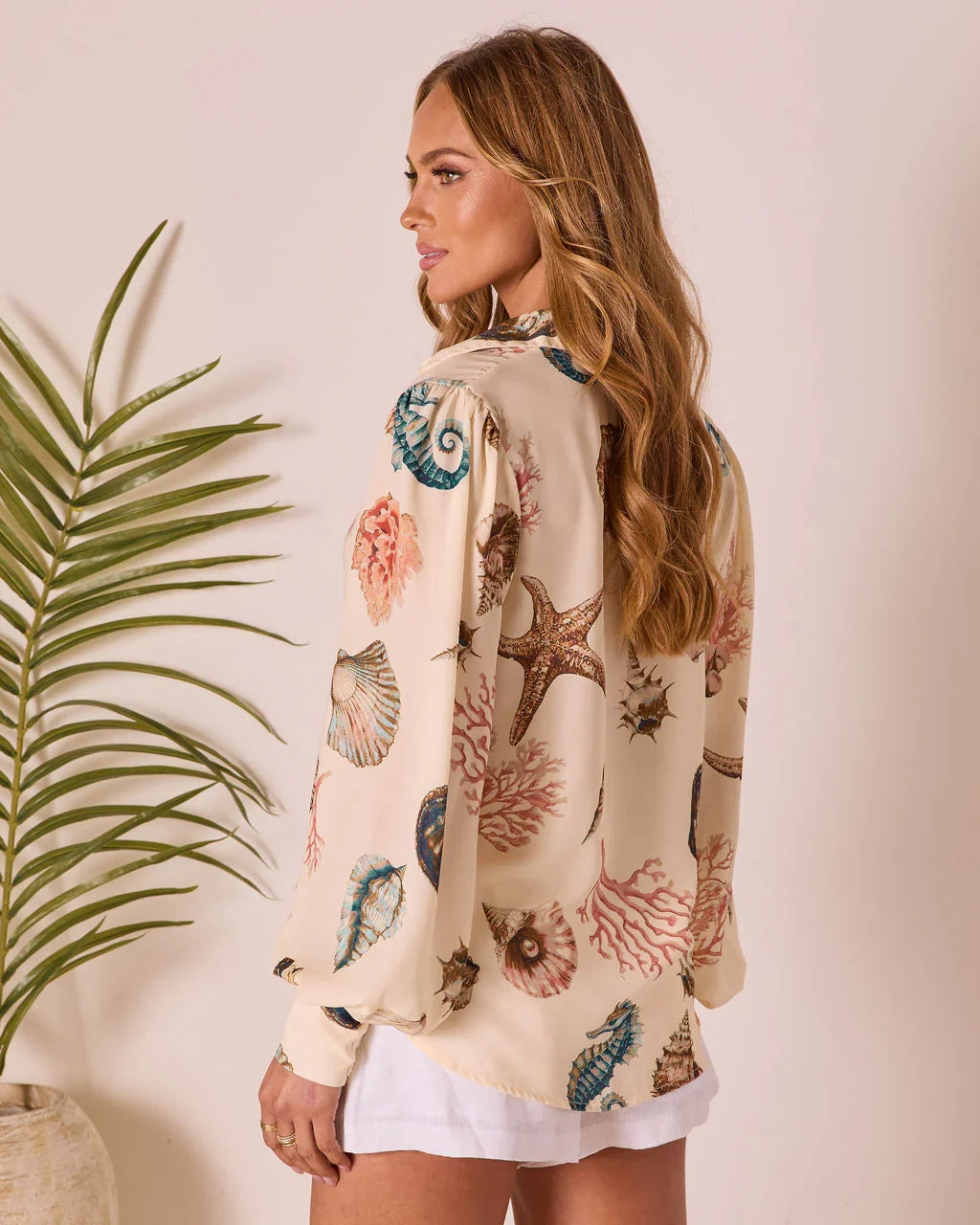 Ocean Whisper Sea Life Print Button Up Top