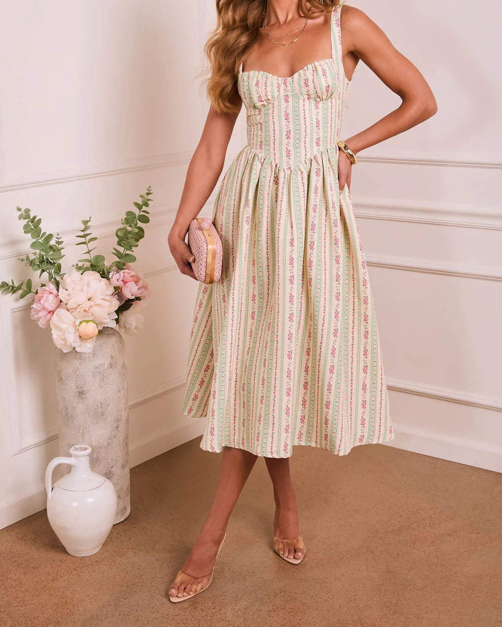 Sunlit Willow Floral Sweetheart Midi Dress