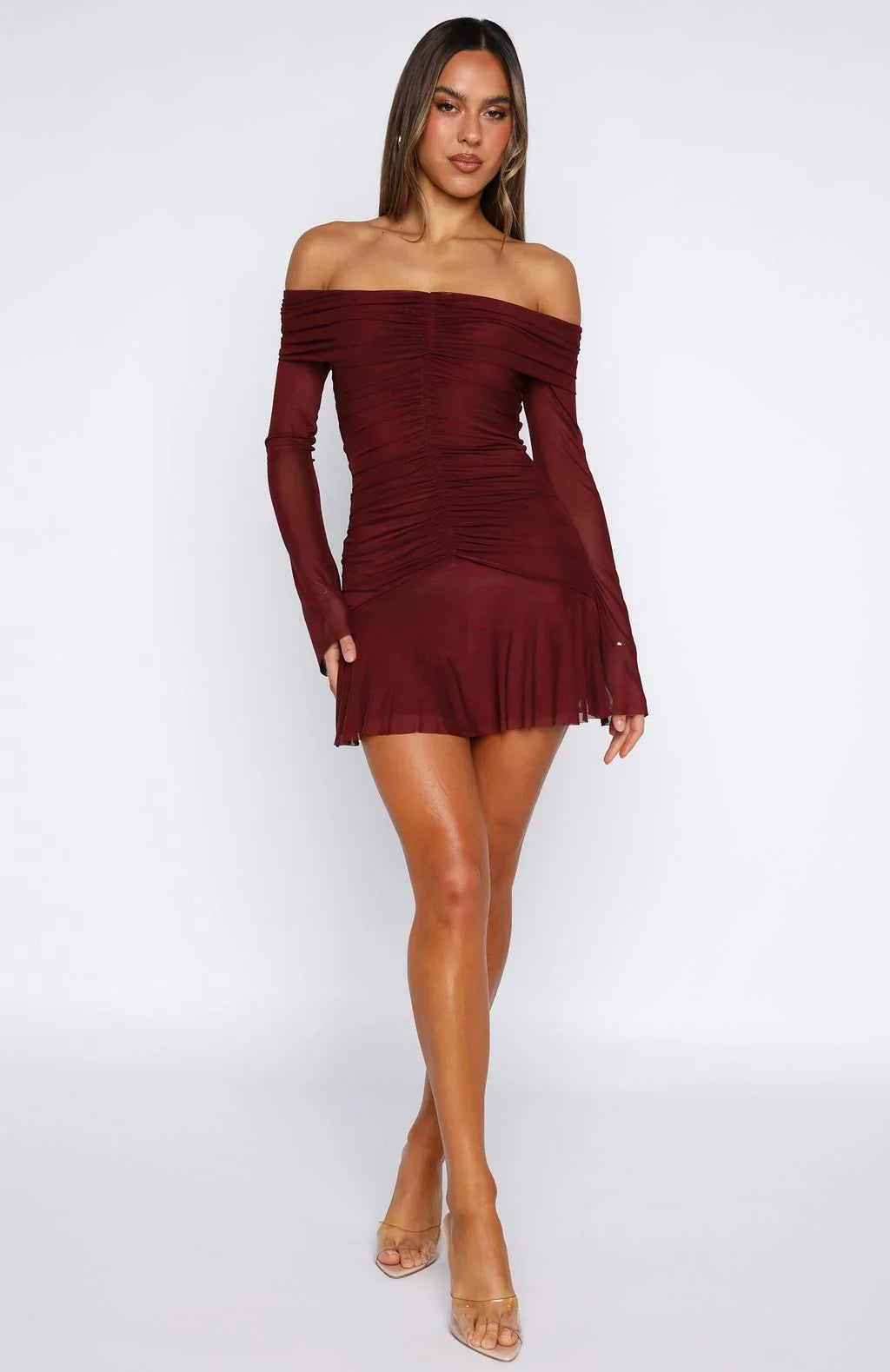 Dreaming Of Yesterday Long Sleeve Mini Dress Burgundy