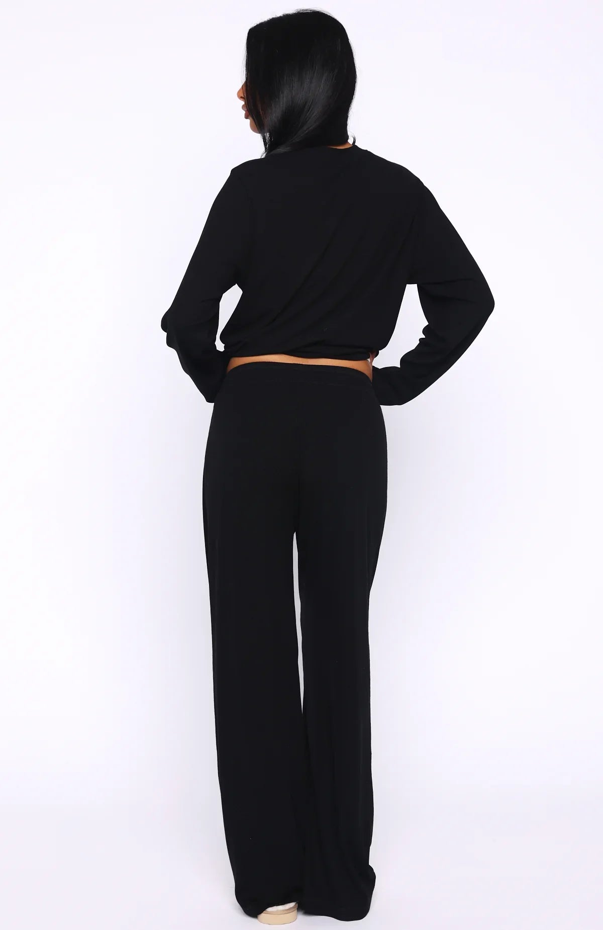 Come A Long Way Soft Lounge Ribbed Wide Leg Pants Black