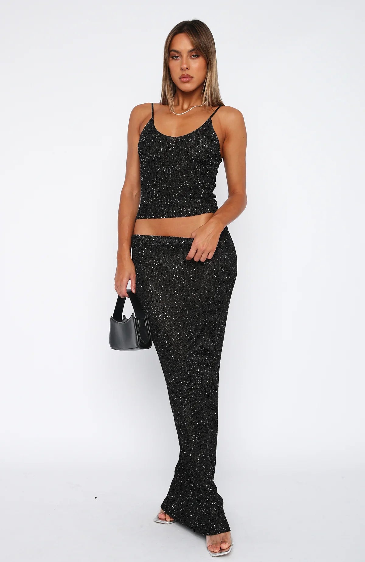 Star Shining Sequin Knit Maxi Skirt Black