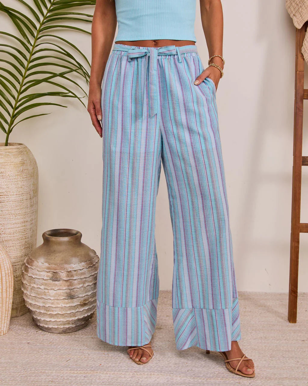 Breezy Muse Striped Wide Leg Waist Tie Pants