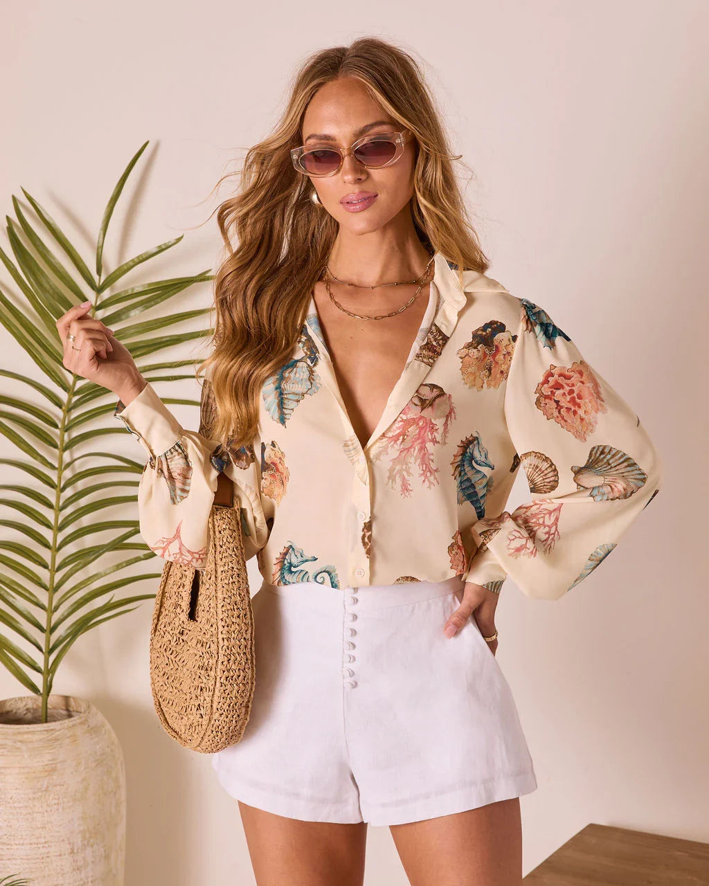 Ocean Whisper Sea Life Print Button Up Top